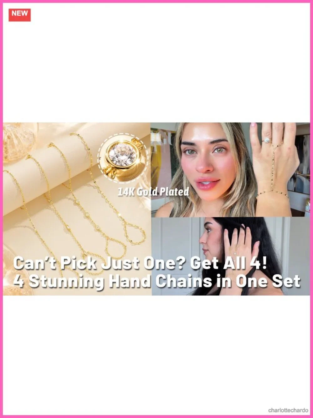14K Gold Plated Dainty Hand Chain Bracelet Set for Women Stackable Ring